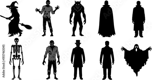 Halloween monster silhouettes set, witch zombie werewolf vampire ghost skeleton horror characters vector illustration isolated clipart collection design