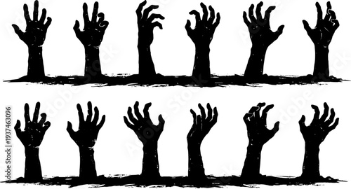 Grunge zombie hands silhouettes rising from ground, horror halloween vector illustration, spooky undead isolated clipart graphic set