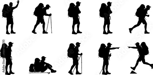 Hiker silhouette set with backpack, trekking and hiking poses collection isolated on white background illustration for adventure travel design