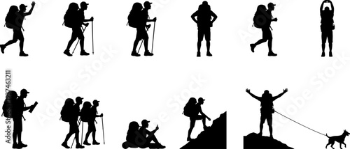 Hiking and trekking silhouette collection, backpacker adventure poses set isolated on white background illustration for travel outdoor design