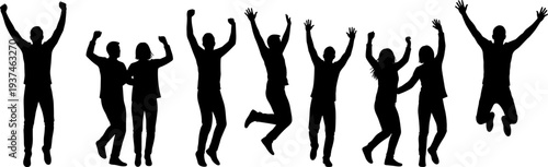 Happy people jumping silhouette set, celebrating friends group isolated on white background, success teamwork celebration illustration collection design concept