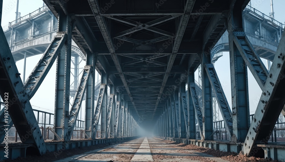 Fototapeta premium Perspective view under large industrial steel bridge. Repeating metal girders form an abstract pattern. Blue toned architecture shows complex engineering and strong construction.