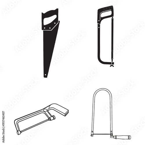Hand Saws Collection Vector: Handsaw, Hacksaw, and Coping Saw Outline Icons Set