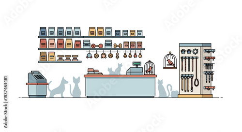 Colorful pet shop interior with dog cat supplies and accessories illustration