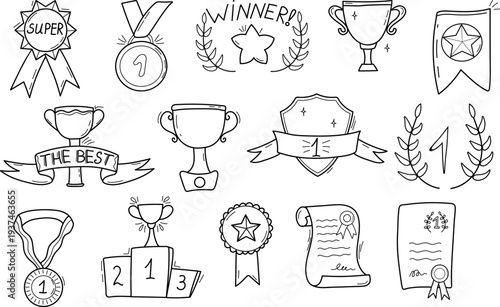 Hand drawn award and victory doodle set with trophies, medals, ribbons, podium, certificates and winner symbols. Cute outline vector collection of achievement icons perfect for competitions, sports ev