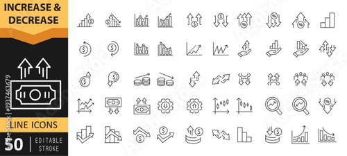 Increase and Decrease Outline Icon Set – Growth, Fall, Stock Market, Profit, Up and Down Editable Stroke Vector EPS