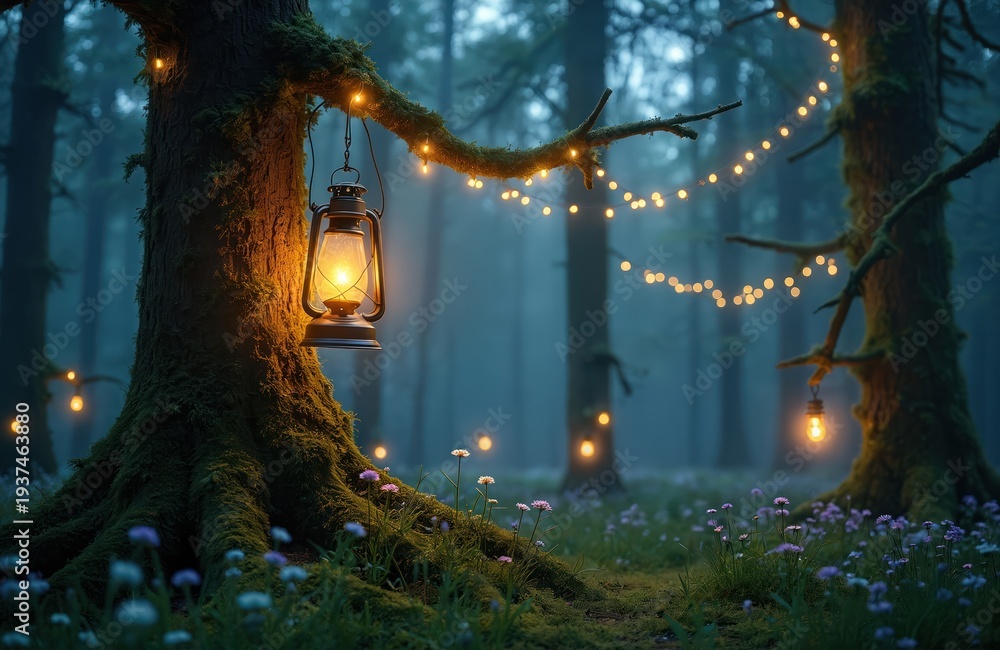 Naklejka premium Old lantern hangs on mossy tree branch in foggy forest. Fairy lights twinkle around moss covered trees. Small wildflowers grow on forest floor at twilight.