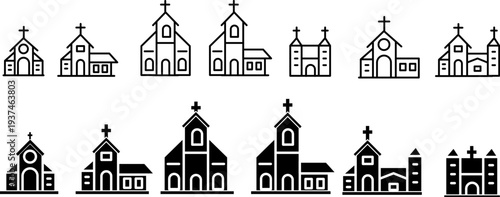 Church Building Line Icon Set – Christian Church Architecture Outline Icons Editable Stroke Vector EPS