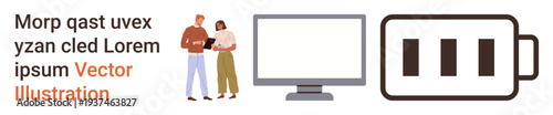Remote work, teamwork, productivity tools, technology use, energy efficiency, digital communication. Two people discussing work near a monitor and a battery icon. Remote work and teamwork concepts