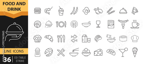 Food and Drink Outline Icon Set – Restaurant, Beverage, Cooking and Dining Editable Stroke Vector EPS
