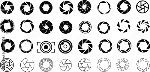 Camera aperture diaphragm blades set icons collection vector