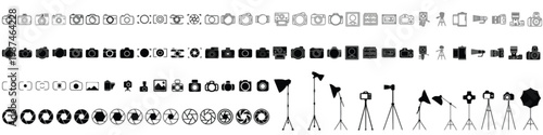 Camera and photography equipment icons, lenses, and studio lighting gear