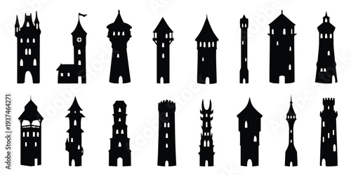 Castle towers silhouettes, medieval fortress structures, fantasy architecture design elements