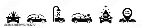 Car wash service icons depicting car washing process and location.