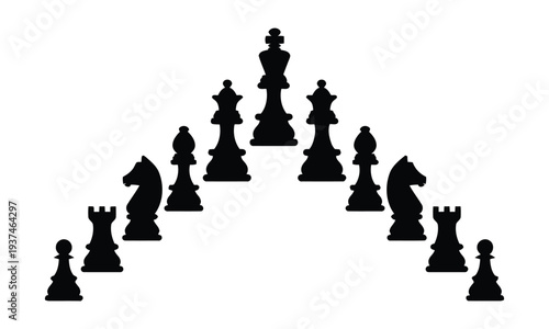 Chess pieces arranged in a V shape on a white background