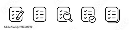 Checklist icons with edit pencil, magnifying glass, approved check mark and stacked pages