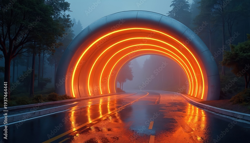 Fototapeta premium Glowing futuristic archway on wet road at night. Trees line forest path leading into bright orange portal. Mystery and sci fi portal for travel and exploration.