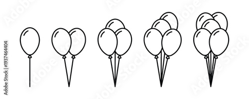 Collection of balloon clusters, from single balloon to a bouquet of five balloons