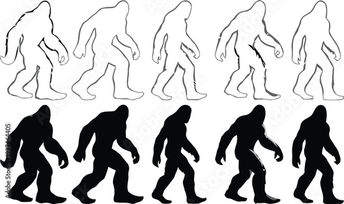collection of bigfoot silhouette icons depicting walking and standing poses