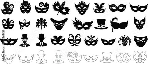 Collection of black and white carnival masks for masquerade ball and party decoration
