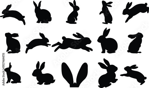 Collection of black rabbit silhouettes in various poses and actions
