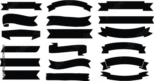 Collection of black ribbon banners and scrolls for design elements and graphic decoration
