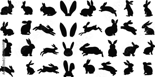 Collection of black silhouette bunny rabbit and hare icons in various poses
