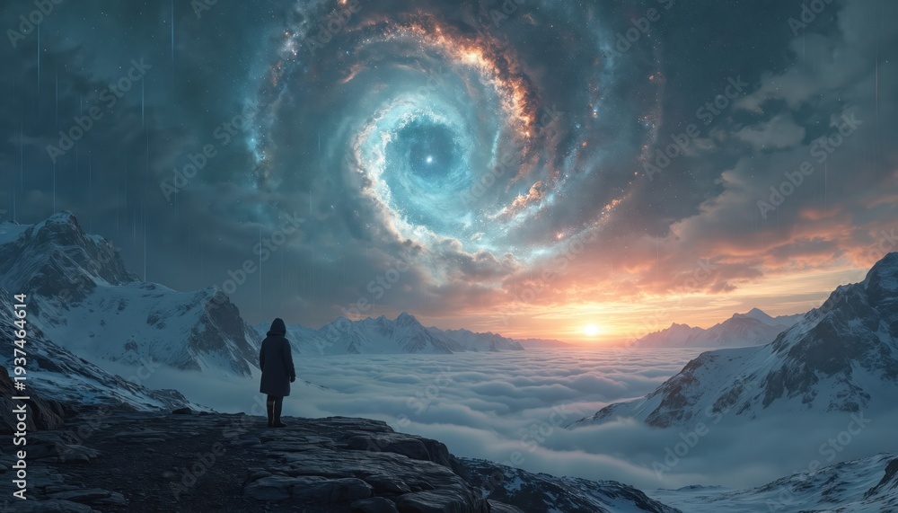 Fototapeta premium Lone person stands on rocky peak watching cosmic nebula in sky above cloud sea. Snowy mountains surround tranquil scene with sunrise glow. Mystical sci fi landscape art.