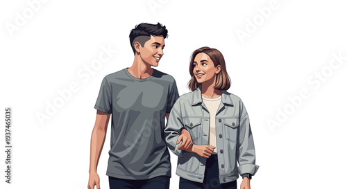 Young couple walking together smiling.