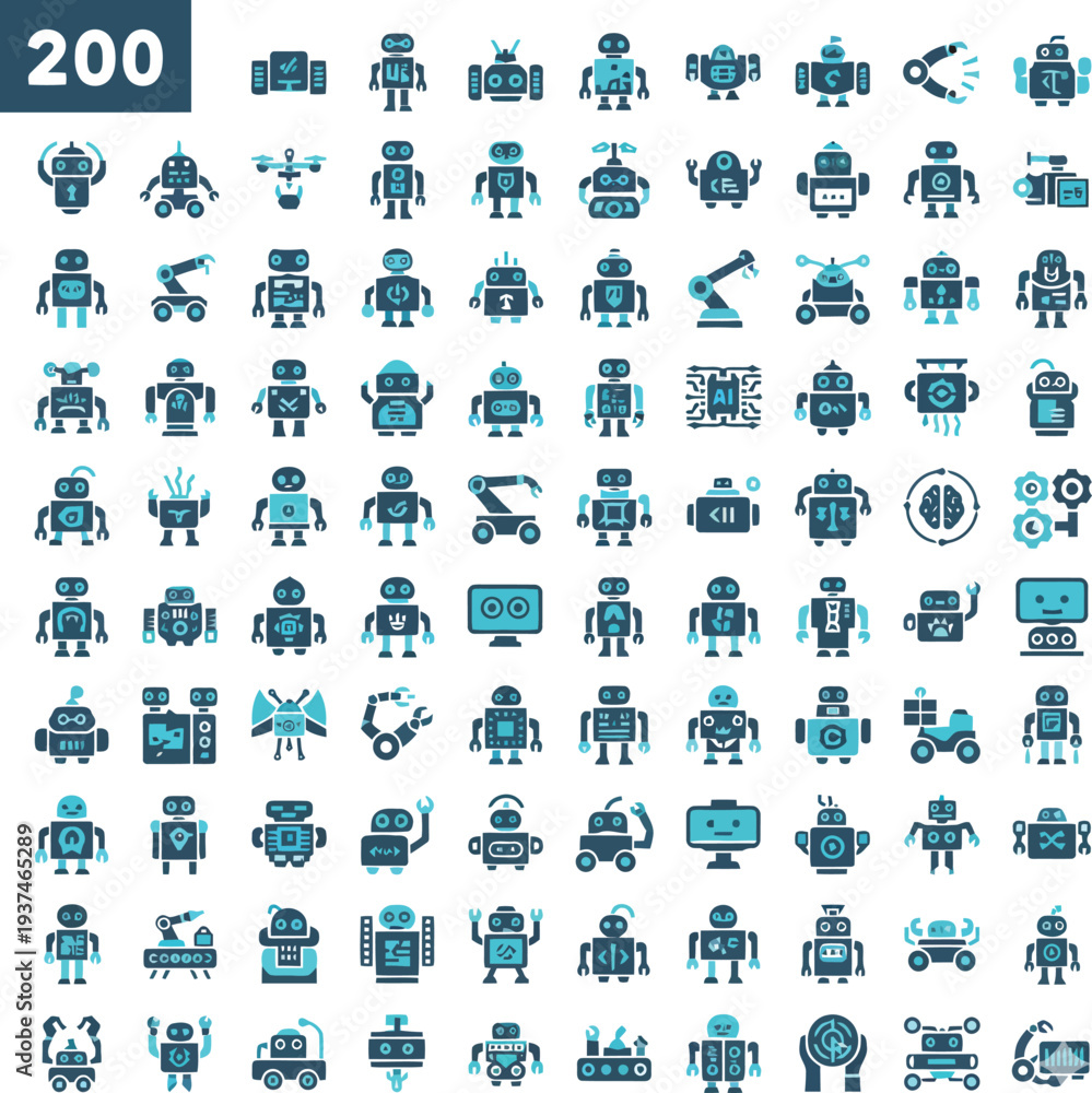 Obraz premium Collection of 200 unique robot icons in vector style for technology and innovation themes