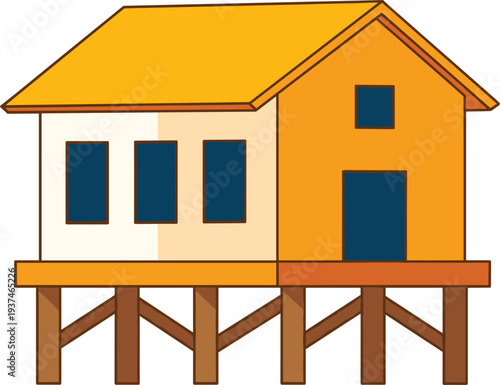 Cartoon Stilt House Illustration with Elevated Wooden Structure and Yellow Roof, Tropical Village Home Architecture Vector for Rural Living Design