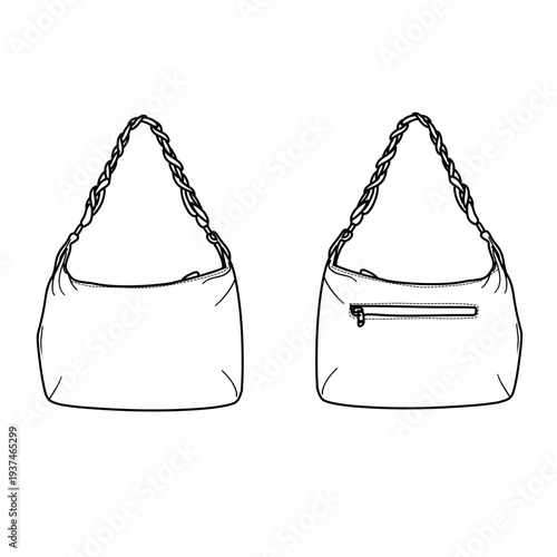 Elegant Hobo Bag Illustration - Front and Back View with Braided Strap.
