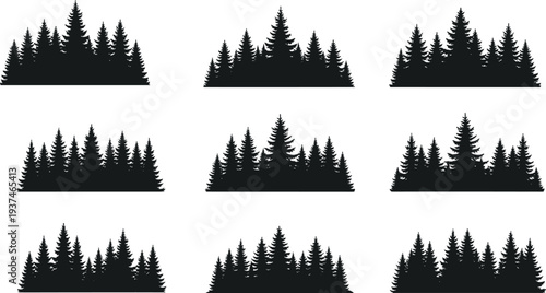 Pine forest silhouette set evergreen tree collection black woodland vector illustration isolated nature landscape bundle design elements pack
