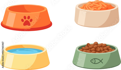 Pet food bowls vector set, dog and cat feeding dishes with water, dry kibble, and meal illustration isolated background