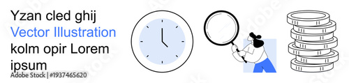 Time management, financial success, research, productivity, analysis, monitoring. Clock, coins magnifying glass person examining details. Time management and financial success conceptual