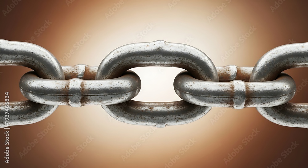 Fototapeta premium Close-up of rusty metal chain links on warm background, symbolizing strength and connection