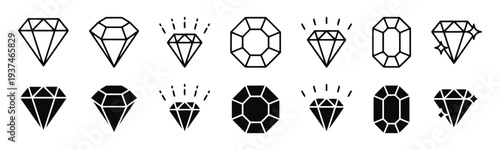 Collection of diamond icons outline and filled for jewelry or luxury concepts