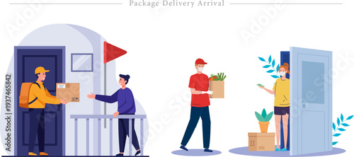 Package Delivery Arrival Flat Vector Contactless Home Delivery Illustration