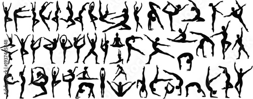 Collection of diverse athletic poses showcasing flexibility balance and strength in dynamic human silhouettes