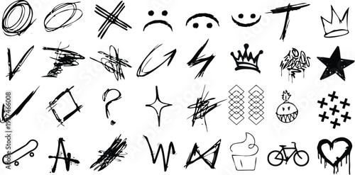 Collection of hand drawn scribbles and doodles, expressive graphic elements