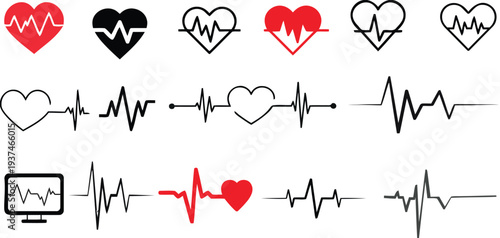 Collection of heart pulse line graphics representing life, health, and cardiology
