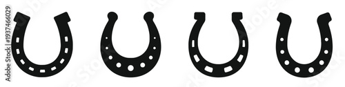 Collection of horseshoe icons silhouette on white background, lucky charm symbols for good fortune
