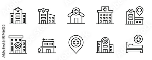Collection of hospital and medical building icons for healthcare related design