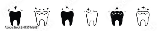 Collection of six clean and healthy tooth icons with sparkles