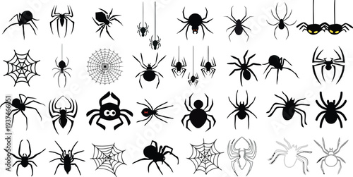 Collection of spider and web icons in various styles for halloween and scary themes