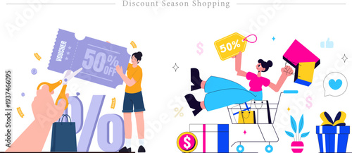 Discount Season Shopping Flat Vector Sale Voucher Shopping Spree Illustration