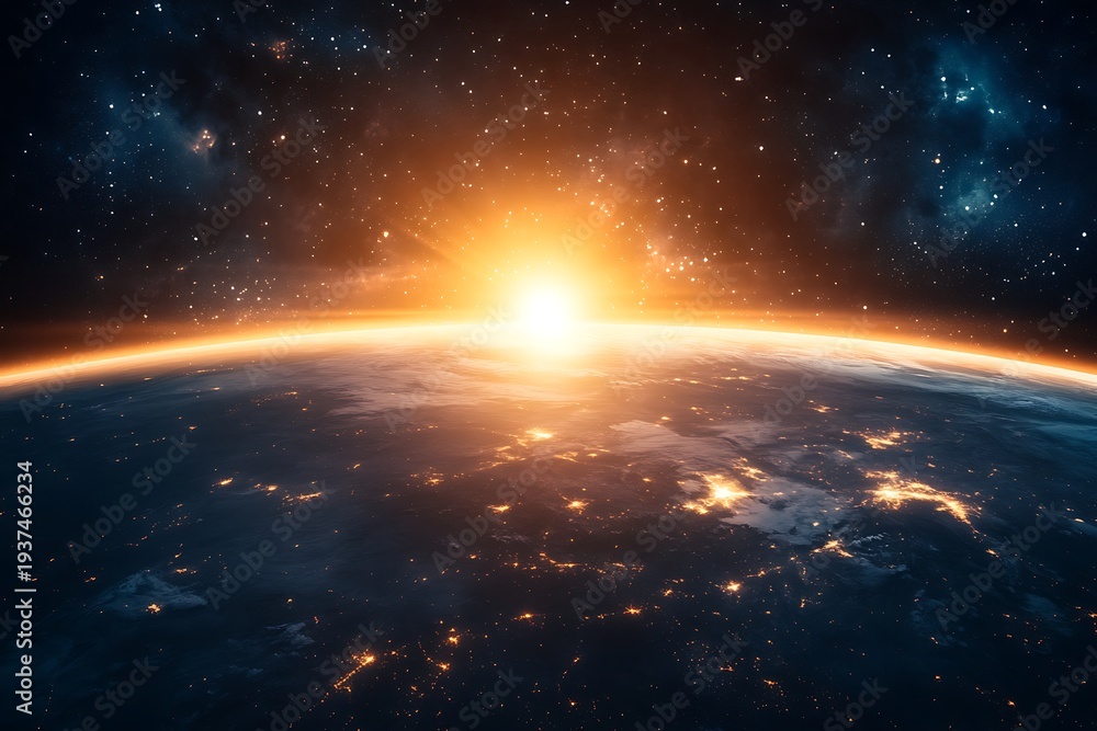 Obraz premium Stunning sunrise over Earth from space with vibrant stars