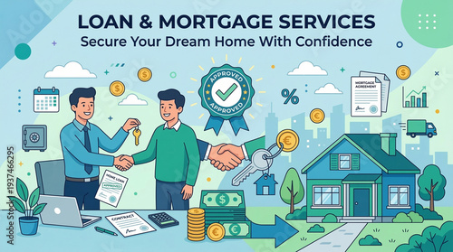 Flat design illustration of a loan and mortgage service concept with house money handshake and approval, blue and green, ideal for mortgage broker website or lending platform