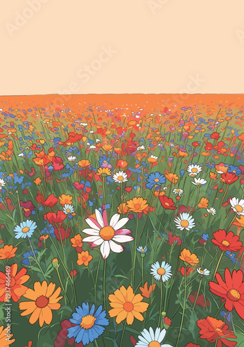 A field filled with various flowers stretches out under the sky during spring. Bright colors invite visitors to explore the area.