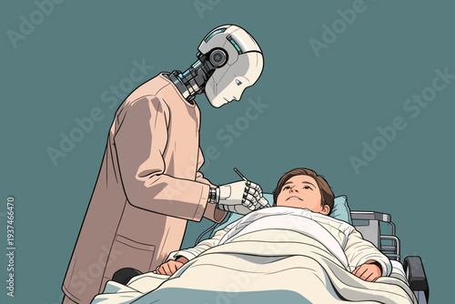 A robot is caring for a patient lying on a hospital bed in a clean medical room. The robot is using a tool to assist with treatment.